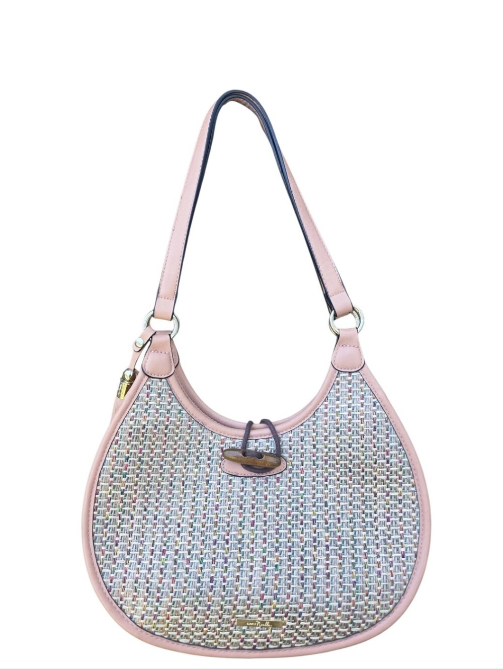 Simply Noelle Woven Straw Hobo Shoulder Bag Pink Trim Toggle Closure Tassel